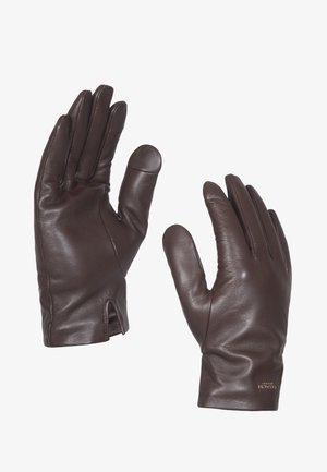 Gants en cuir marron avec une texture lisse, de forme ajustée et un design à poignet ouvert. Présente un logo discret au niveau du poignet.