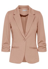 Blazer rose pâle, en tissu doux, doté de manches trois-quarts, d'une fermeture à un bouton et de deux poches avant.