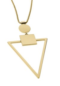 Guldtonet halskæde med en stor triangulær anhænger med en hul center, accentueret af et mindre cirkulært og kvadratisk geometrisk element.