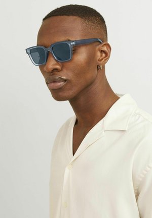 Occhiali da sole rettangolari blu con montatura trasparente, dotati di lenti scure. Indossati da una persona con capelli corti e una maglietta color crema.