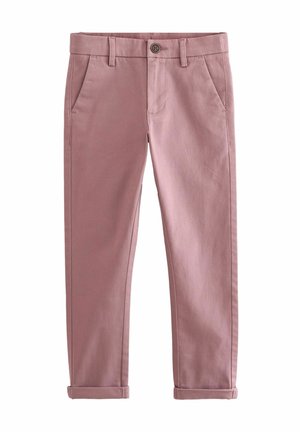 Lila zulaufende Hose mit umgeschlagenen Säumen, vorderer Knopf- und Reißverschluss, Gürtelschlaufen und schrägen Seitentaschen.