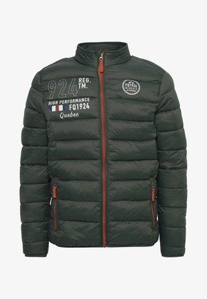 Dark green padded jacket with a high collar, zippered front, and brown accents. Features printed text and logos on the chest and sleeves.