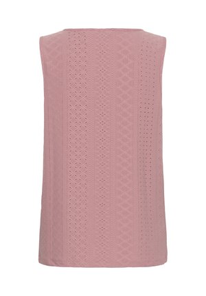 Sleeveless light pink top with vertical lace patterns and eyelet details, straight hem, and a round neckline.
