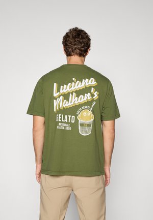 Olive green t-shirt featuring white and yellow graphics on the back, including "Luciano Malho's Gelato" and an ice cream cup design.