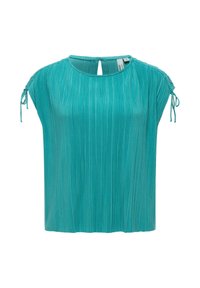 Turkusowa prążkowana bluzka z krótkim rękawem, okrągłym dekoltem, guzikiem z tyłu przy kluczu oraz regulowanymi wiązanymi detalami na ramionach.