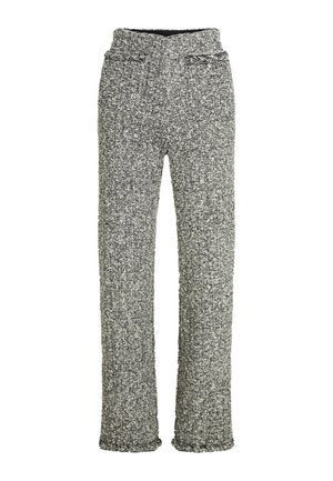 Pantalon en maille gris et noir tacheté avec taille élastique et jambes droites, détail de poche avant, tissu texturé.