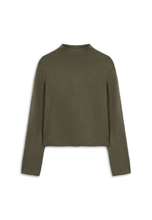 Maglione cropped verde oliva con maniche lunghe, scollo alto e un morbido tessuto lavorato a maglia. Design semplice senza decorazioni.