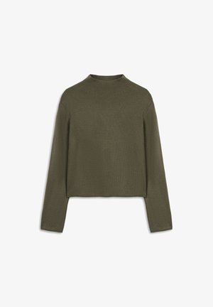 Maglione cropped verde oliva con maniche lunghe, scollo alto e un morbido tessuto lavorato a maglia. Design semplice senza decorazioni.