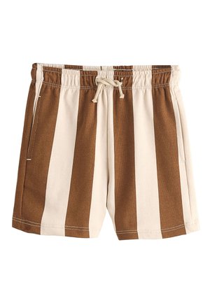 Brune og beige vertikalt striped shorts med elastisk talje og snøre foran, med sidelommer og hvide sømdetaljer.