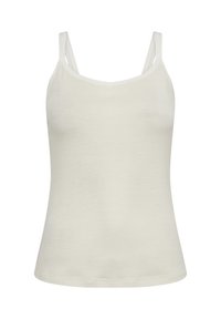 Hvid cami-top med tynde stropper, lavet af blødt stof. Har en rund halsudskæring og slim fit, med en glat overflade og uden mønstre.