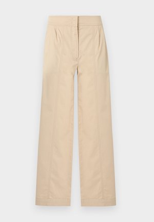Béžové nohavice s vysokým pásom a širokými nohavicami, s detailmi predných švov a skrytým predným zipsom.