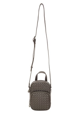 Woven gray leather crossbody bag with an adjustable strap, two zippered compartments, and a top handle for carrying.
