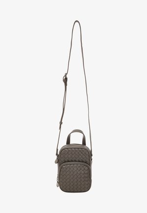 Woven gray leather crossbody bag with an adjustable strap, two zippered compartments, and a top handle for carrying.