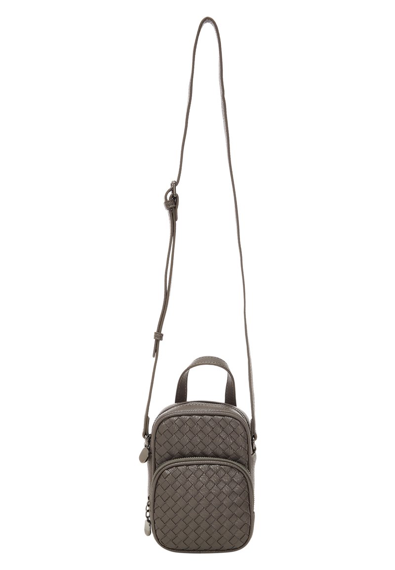 Woven gray leather crossbody bag with an adjustable strap, two zippered compartments, and a top handle for carrying.