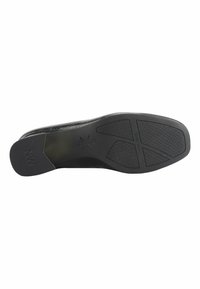 Black shoe sole with textured rubber for traction, featuring a smooth upper edge and a branded logo. Designed for stability and durability.