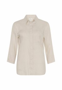 Beżowa lniana koszula z kołnierzykiem, zapinana na guziki z przodu i długimi rękawami. Posiada jedną kieszeń na piersi oraz lekko zaokrąglony dół.