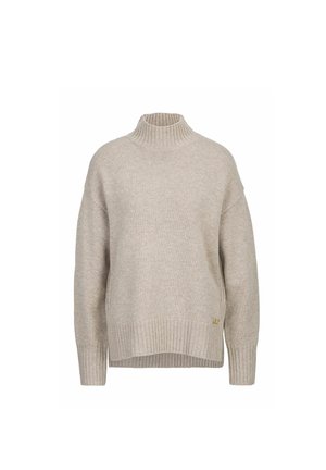 Beige geripptes Rollkragensweatshirt mit überschnittenen Schultern, ausgestattet mit einem goldenen Logoakzent am Saum und einem lässigen, oversized Schnitt.
