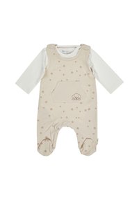 Creme- und weißer Baby-Strampler mit langen Ärmeln, Pfotenabdruckmuster, Fronttasche und Stickerei eines Welpenkopfes auf der Tasche.