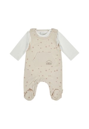 Creme- und weißer Baby-Strampler mit langen Ärmeln, Pfotenabdruckmuster, Fronttasche und Stickerei eines Welpenkopfes auf der Tasche.