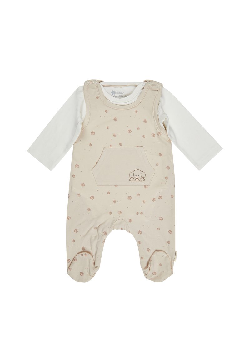 Creme- und weißer Baby-Strampler mit langen Ärmeln, Pfotenabdruckmuster, Fronttasche und Stickerei eines Welpenkopfes auf der Tasche.