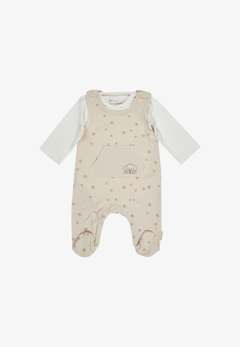 Creme- und weißer Baby-Strampler mit langen Ärmeln, Pfotenabdruckmuster, Fronttasche und Stickerei eines Welpenkopfes auf der Tasche.
