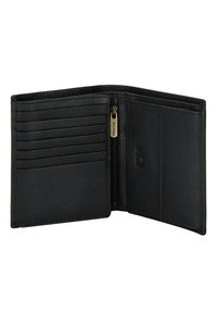 Portafoglio in pelle nera con una finitura testurizzata, dotato di diverse fessure per carte, un compartimento con zip e un design complessivo sottile.
