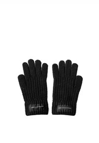 Guantes de punto negros con textura acanalada, que presentan un puño sólido y un pequeño parche con logo en cada muñeca. Diseño estándar de cinco dedos.