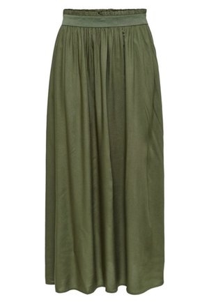 Olijfgroene, lichtgewicht maxirok met een gerimpelde taille, een gladde textuur en een volle silhouet, voorzien van een elastische tailleband voor comfort.