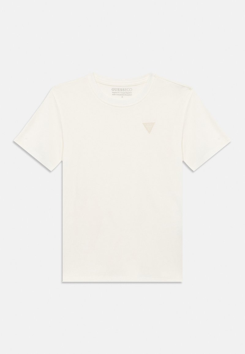 Λευκό βαμβακερό μπλουζάκι με κοντά μανίκια, στρογγυλή λαιμόκοψη και μικρό μπεζ τρίγωνο λογότυπο στο αριστερό μέρος του στήθους. Απαλή, λεία υφή.