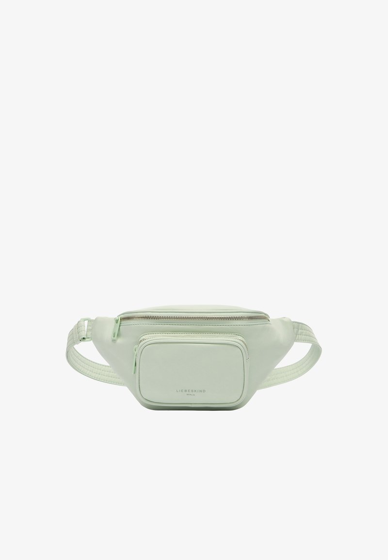 Marsupio in pelle verde chiaro con un vano principale con zip e una piccola tasca frontale. Cintura testurizzata e logo del marchio sulla parte anteriore.