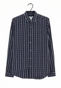 Granatowa i jasnoniebieska w kratkę koszula z długim rękawem, z kołnierzykiem zapinanym na guziki, metalowymi guzikami oraz pojedynczą kieszonką na piersi. Wykonana z materiału o miękkiej fakturze.