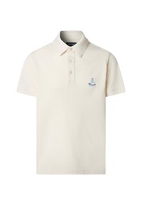 Cremfarbendes Poloshirt aus Baumwolle. Mit einem Dreiknopfverschluss, kurzen Ärmeln und einem kleinen blauen gestickten Logo auf der linken Brust.