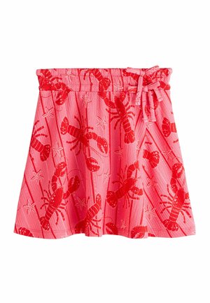 Pink textured skirt with red lobster and starfish patterns, elastic waistband, and a side tie bow.