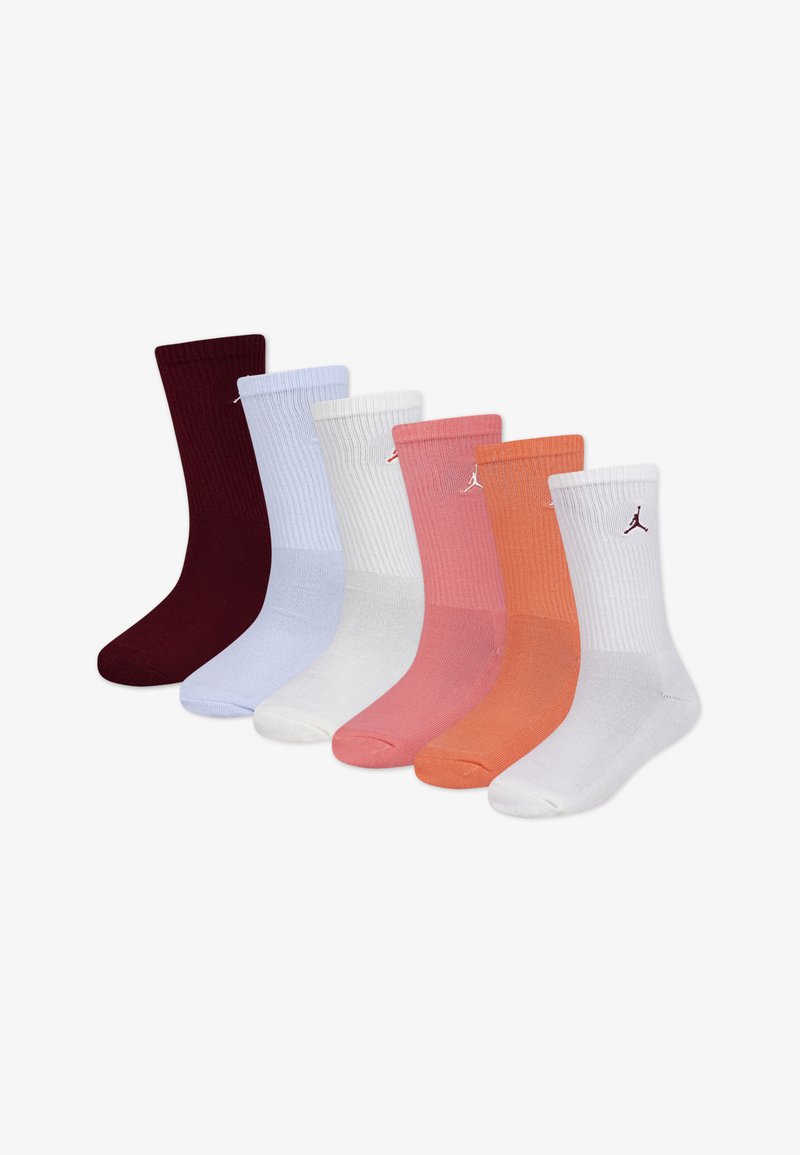 Έξι ζευγάρια κάλτσες μεσαίου μήκους σε μπορντό, ανοιχτό μπλε, λευκό, ροζ, πορτοκαλί και ανοιχτό πορτοκαλί· ραβδωτή υφή με διακριτική διακόσμηση λογότυπου.