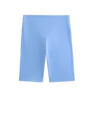 Světlé modré sportovní šortky vyrobené z hladkého, elastického materiálu. Mají vysoký pas a sahají po střední délku stehen, bez viditelných švů.