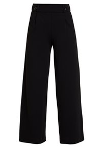 Černé volné kalhoty vyrobené z hladkého materiálu, charakterizované vysokým pasem se dvěma knoflíky a sklady pro zvýšenou strukturu.