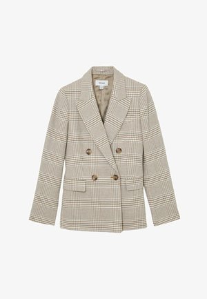 Beige og brun ternet blazer med dobbeltradet knaplukning, klapkraver, fire brune knapper og klaplommer, foret indvendigt.