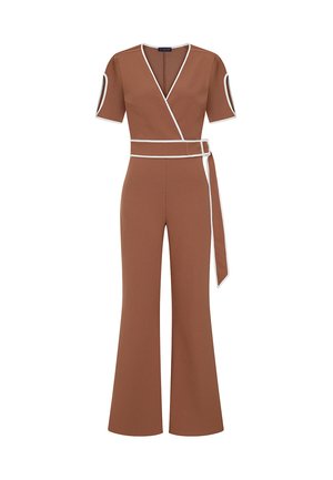 Pruun kombinesoon lühikeste varrukatega, vöökoha disain, valge ääristus ja sobiv vöö. Laienevad sääred ja sile kangastekstuuri.