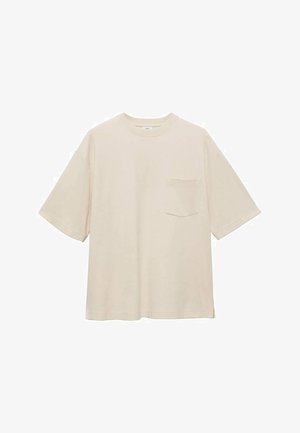 Korte mouw t-shirt in lichtbeige katoen, met een borstzak en een ontspannen pasvorm met zijsplitten voor meer bewegingsvrijheid.