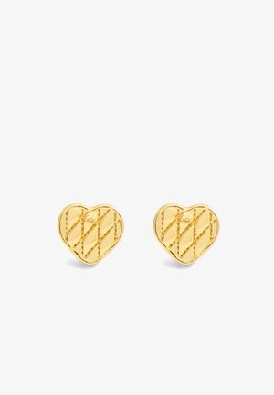 Gold heart-shaped stud earrings with a textured design featuring diagonal grooves and small beaded accents on the surface.