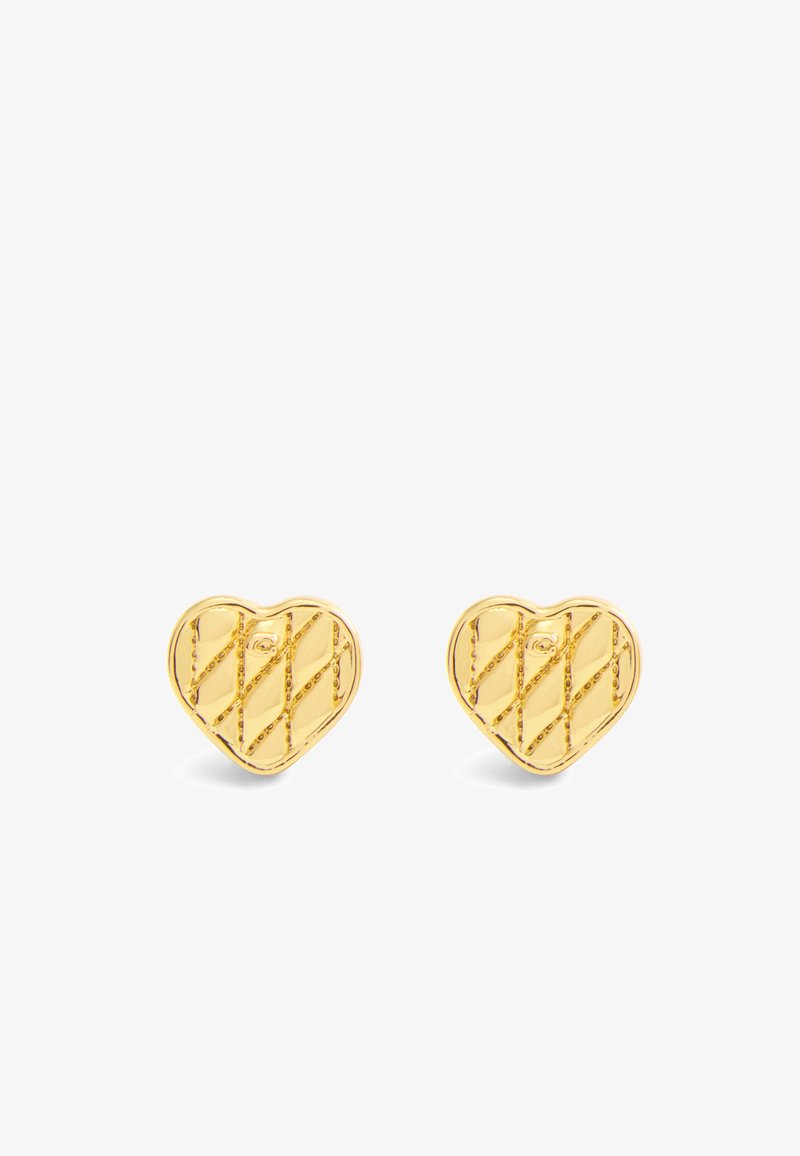 Gold heart-shaped stud earrings with a textured design featuring diagonal grooves and small beaded accents on the surface.