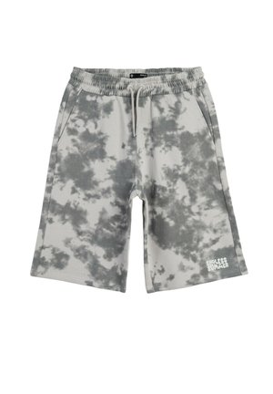 Szaro-białe szorty tie-dye do kolan z elastycznym pasem, troczkiem, bocznymi kieszeniami i napisem „Endless Summer” na lewej nodze.
