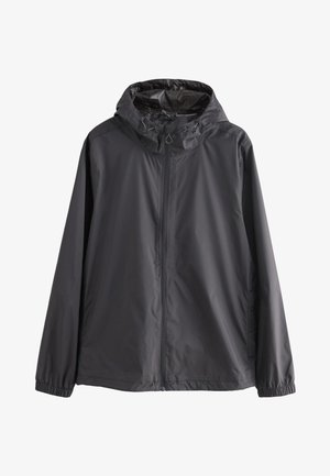 Black lightweight jacket with a hood, front zipper, elastic cuffs, and a smooth, shiny texture. Features a simple, unadorned design.