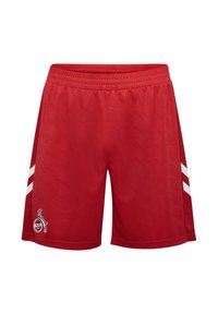 Rote sportliche Shorts mit elastischem Bund, zwei weißen Streifen an der Seite und einem eingestickten Logo am Saum. Glatte Stoffstruktur.