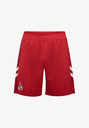 Rote sportliche Shorts mit elastischem Bund, zwei weißen Streifen an der Seite und einem eingestickten Logo am Saum. Glatte Stoffstruktur.