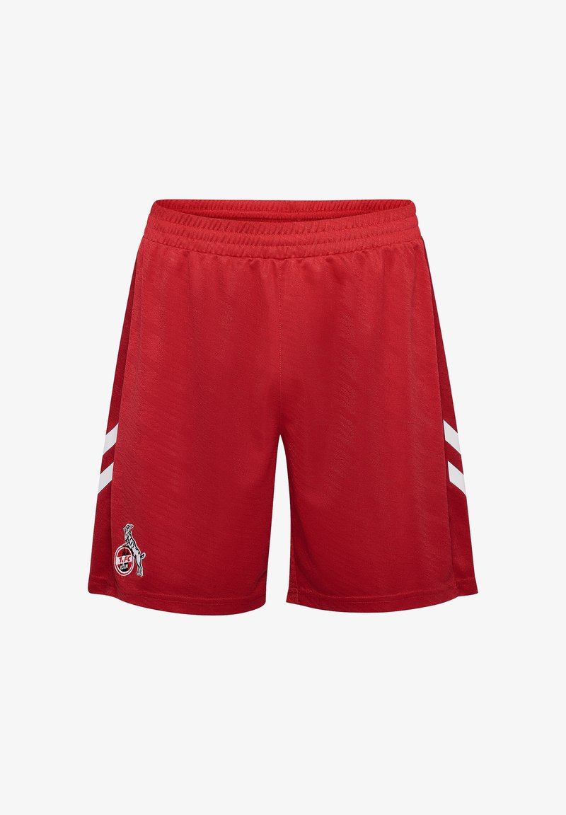 Rote sportliche Shorts mit elastischem Bund, zwei weißen Streifen an der Seite und einem eingestickten Logo am Saum. Glatte Stoffstruktur.