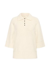 Pull en maille crème avec un col, cinq boutons noirs et des poignets côtelés. Texture douce et design à coupe relaxée.