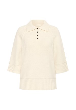 Crèmekleurige gebreide trui met een kraag, vijf zwarte knopen en geribbelde mouwen. Zachte textuur en een relaxte pasvorm.