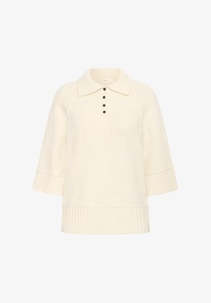 Crèmekleurige gebreide trui met een kraag, vijf zwarte knopen en geribbelde mouwen. Zachte textuur en een relaxte pasvorm.