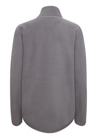 Grijze fleece jas, zachte textuur, lange mouwen, kraagontwerp, ronde zoom, minimalistische stijl zonder zichtbare patronen of accenten.